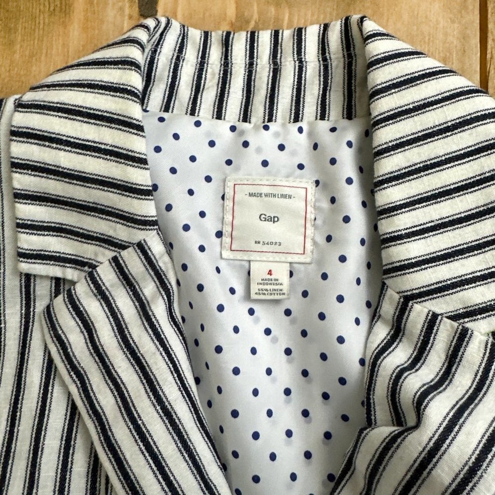 GAP Navy and White Ticking Blazer Jacket Linen Cotton 4 - Picture 3 of 8